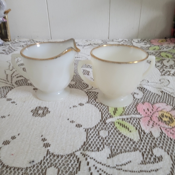 Fire King Dining Fire King Milk Glass Creamer And Sugar Gold Rimmed
